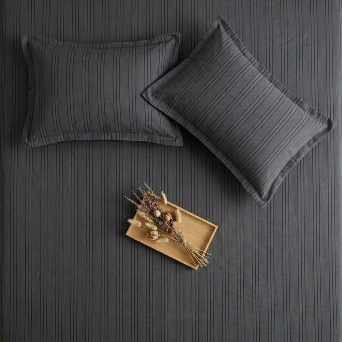 Dream Weaverz Cloud-Cotton King Size Striped Bedsheet with 2 Pillow Covers, 220 TC|Dark Grey