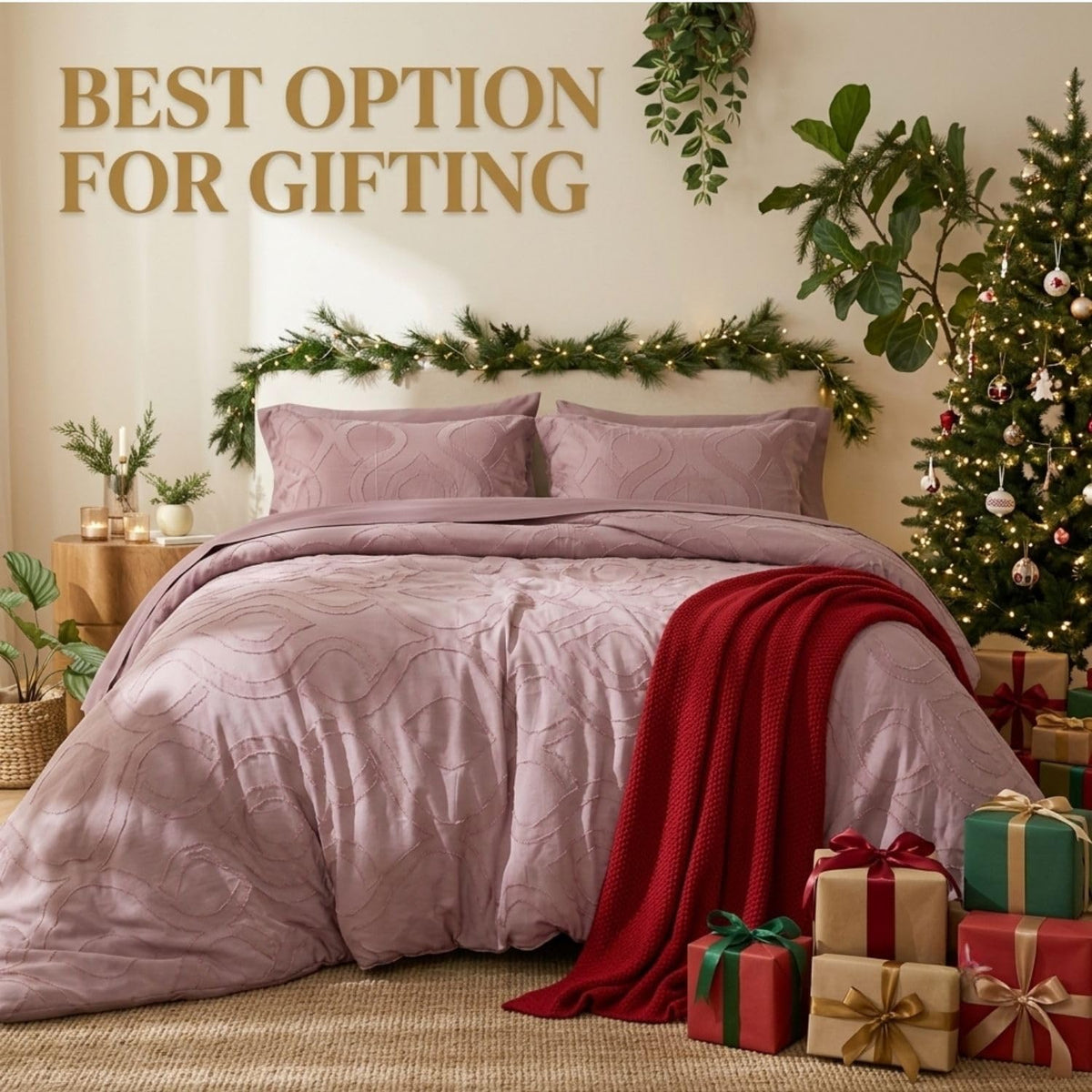 Dream Weaverz Jacquard Bedsheets King Size, 4-Piece Cotton Set Double King Bed | AC Comforter, Flat Sheet & 2 Matching Pillow Covers | Soft, Breathable & Skin-Friendly Self Design, Mauve