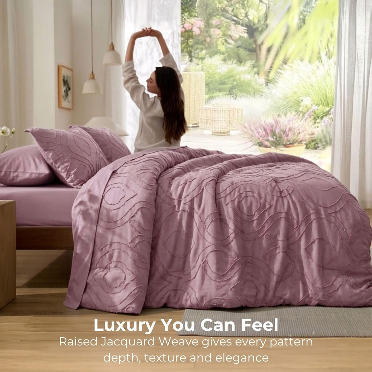 Dream Weaverz Jacquard Bedsheets King Size, 4-Piece Cotton Set Double King Bed | AC Comforter, Flat Sheet & 2 Matching Pillow Covers | Soft, Breathable & Skin-Friendly Self Design, Mauve