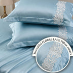 Dream Weaverz Satin Bedsheets King Size, 3-Piece Bedding Set 300 Thread Count Bedsheet & 2 Floral Lace Covers | Prevents Wrinkles, Tangles & Frizz | Retains Moisture, Turquoise Blue