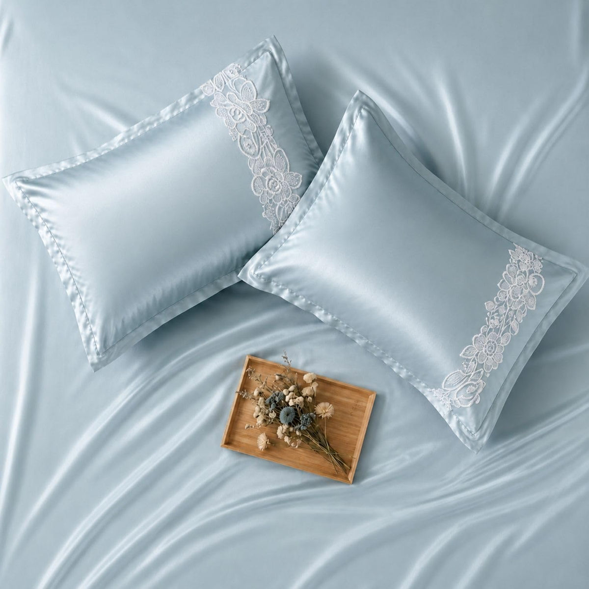 Dream Weaverz Satin Bedsheets King Size, 3-Piece Bedding Set 300 Thread Count Bedsheet & 2 Floral Lace Covers | Prevents Wrinkles, Tangles & Frizz | Retains Moisture, Turquoise Blue