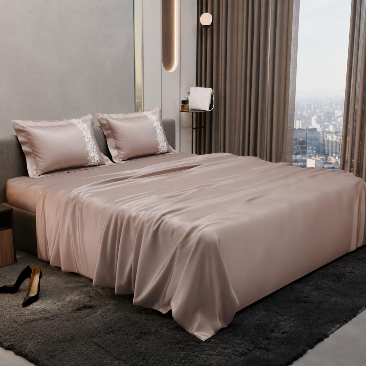 Dream Weaverz Satin Bedsheets King Size, 3-Piece Bedding Set 300 Thread Count Bedsheet & 2 Floral Lace Covers | Prevents Wrinkles, Tangles & Frizz | Retains Moisture, Rose