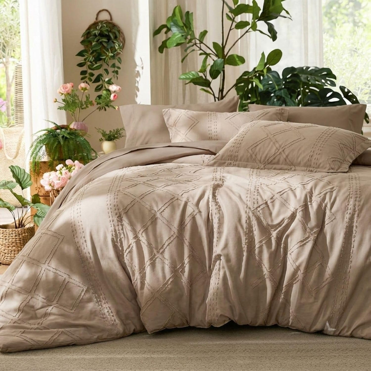 Dream Weaverz Jacquard Bedsheets King Size, 4-Piece Cotton Set Double King Bed | AC Comforter, Flat Sheet & 2 Matching Pillow Covers | Soft, Breathable & Skin-Friendly Self Design, Beige