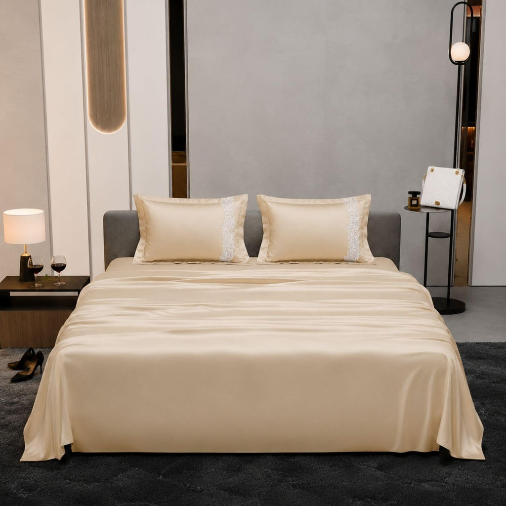 Dream Weaverz Satin Bedsheets King Size, 3-Piece Bedding Set 300 Thread Count Bedsheet & 2 Floral Lace Covers | Prevents Wrinkles, Tangles & Frizz | Retains Moisture, Cream