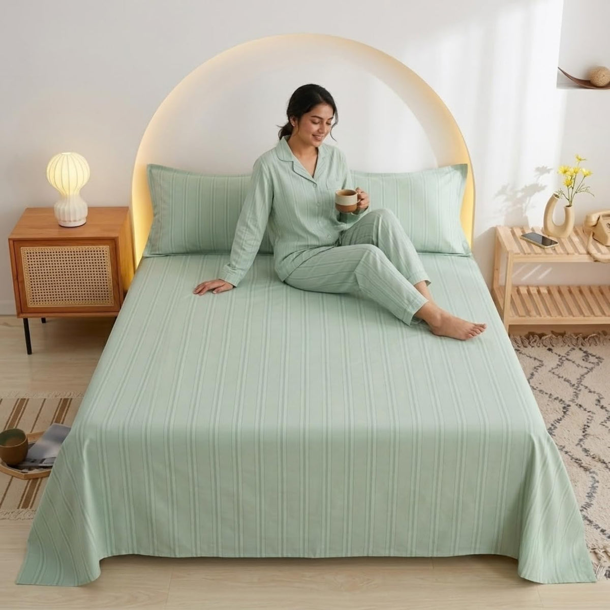 Dream Weaverz Cloud-Cotton King Size Striped Bedsheet with 2 Pillow Covers, 220 TC|Mint Green