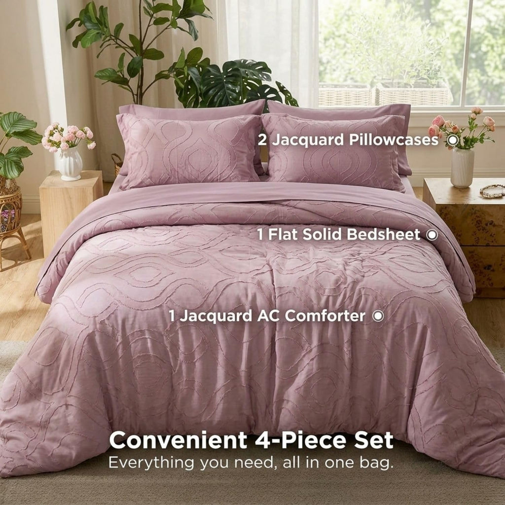 Dream Weaverz Jacquard Bedsheets King Size, 4-Piece Cotton Set Double King Bed | AC Comforter, Flat Sheet & 2 Matching Pillow Covers | Soft, Breathable & Skin-Friendly Self Design, Mauve
