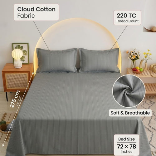 Dream Weaverz Cloud-Cotton King Size Striped Bedsheet with 2 Pillow Covers, 220 TC|Light Grey