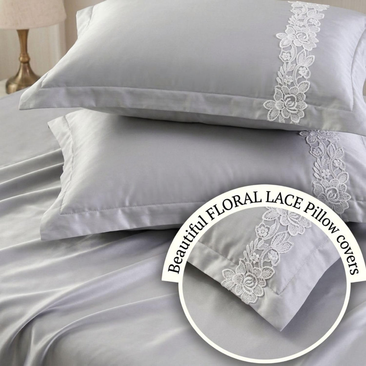 Dream Weaverz Satin Bedsheets King Size, 3-Piece Bedding Set 300 Thread Count Bedsheet & 2 Floral Lace Covers | Prevents Wrinkles, Tangles & Frizz | Retains Moisture, Silver