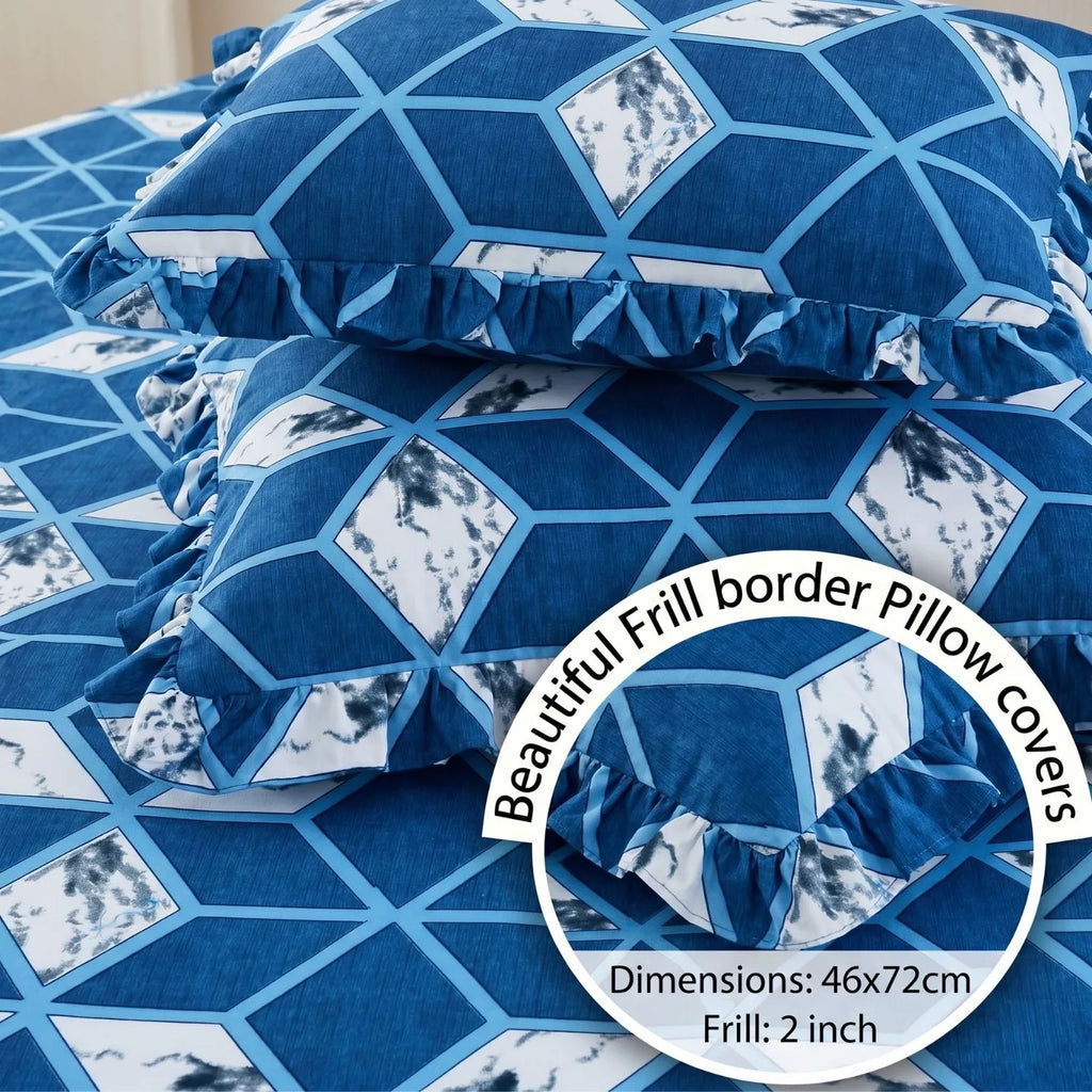 Dream Weaverz Home Polycotton King Fitted (Elastic) 260 TC Abstract 1 Bedsheet with 2 Pillow Covers (Blue-White)