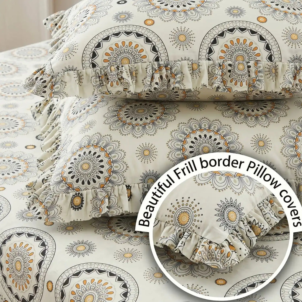 Dream Weaverz Home Polycotton King Fitted (Elastic) 260 TC Abstract 1 Bedsheet with 2 Pillow Covers (Off white)