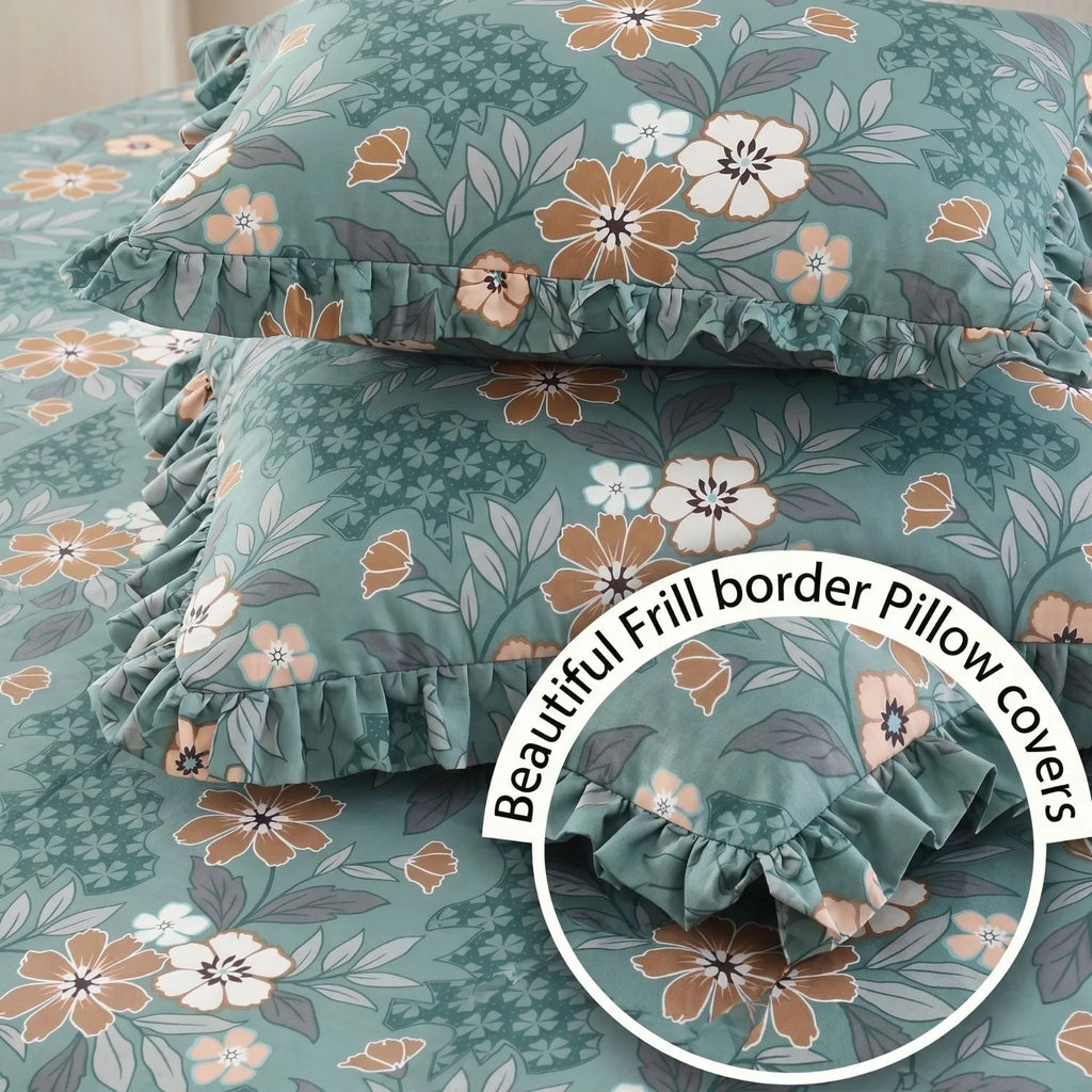 Dream Weaverz Home Polycotton King Fitted (Elastic) 260 TC Floral 1 Bedsheet (Green-Brown)