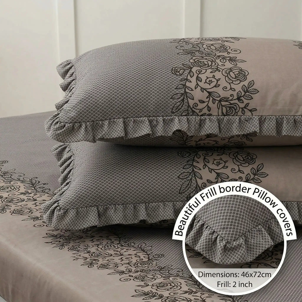 Dream Weaverz Home Polycotton Double Fitted (Elastic) 260 TC Abstract 1 Bedsheet with 2 Pillow Covers (Grey)