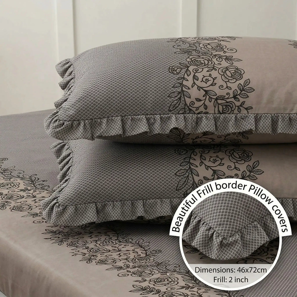Dream Weaverz Home Polycotton Double Fitted (Elastic) 260 TC Abstract 1 Bedsheet with 2 Pillow Covers (Grey)