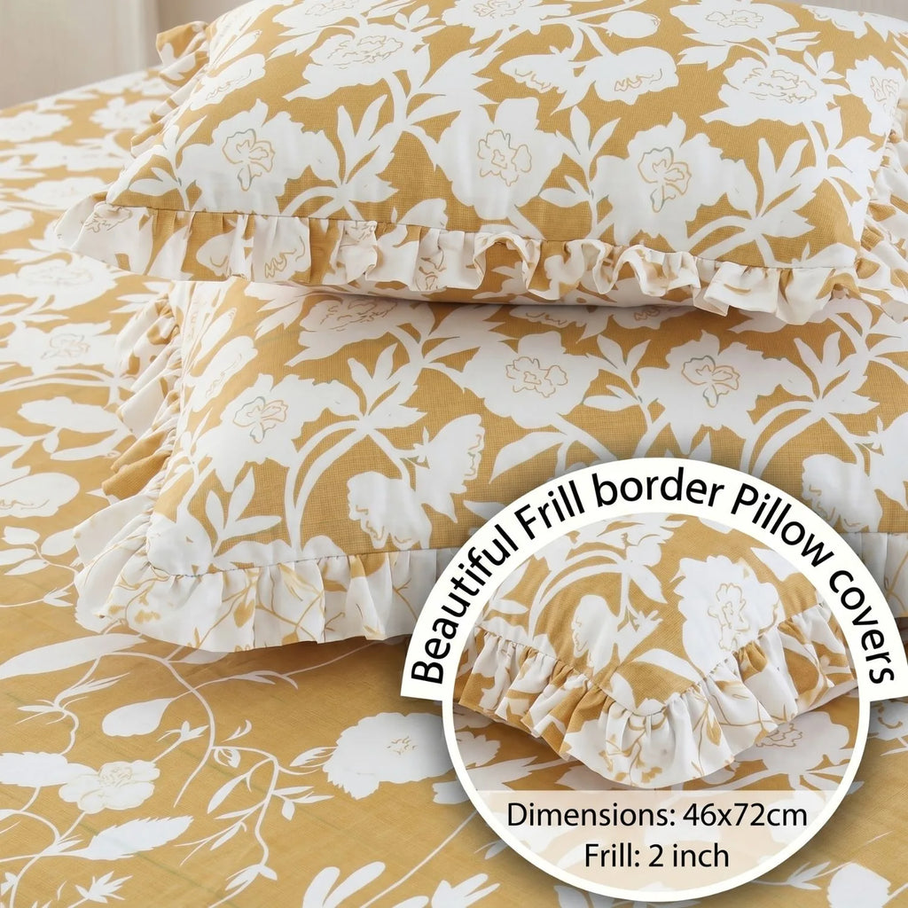 Dream Weaverz Home Polycotton King Fitted (Elastic) 260 TC Floral 1 Bedsheet (Yellow)