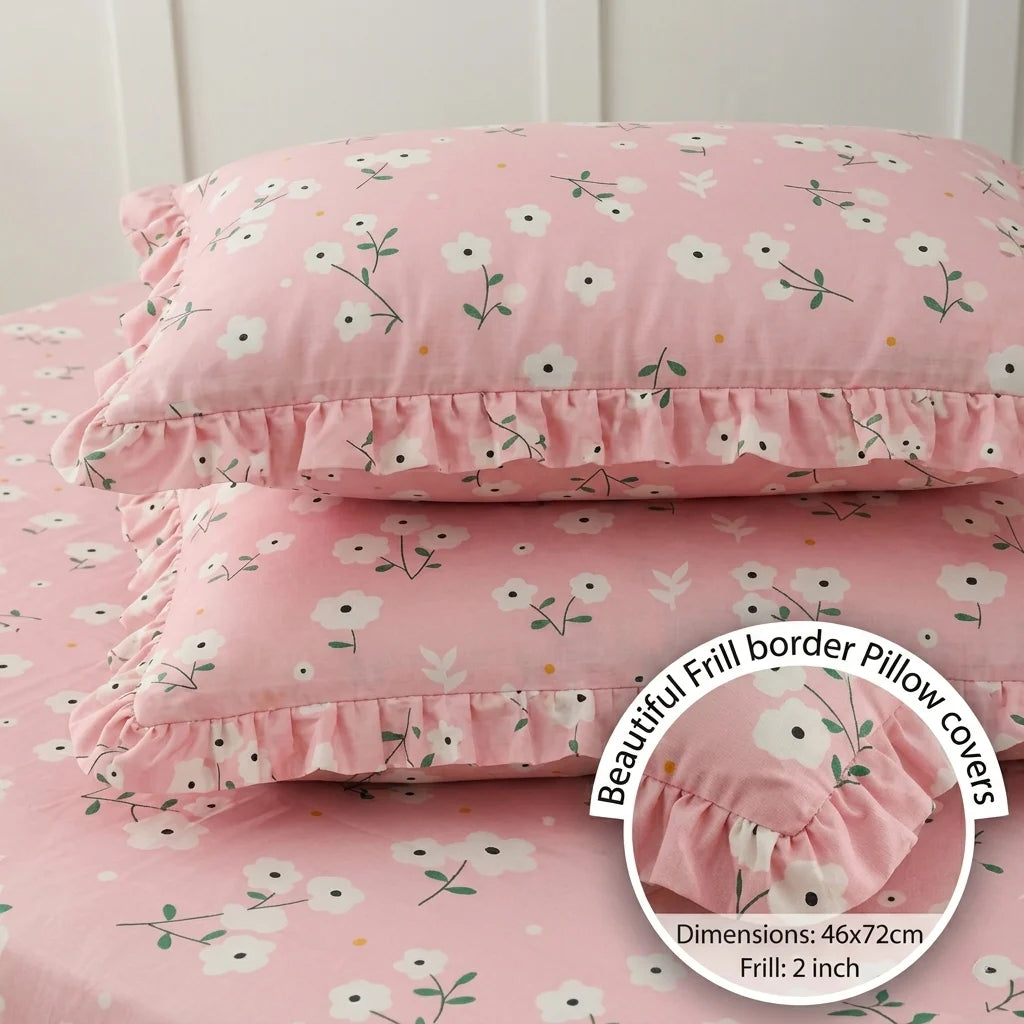 Dream Weaverz Home Polycotton King Fitted (Elastic) 260 TC Floral 1 Bedsheet with 2 Pillow Covers (Baby Pink)