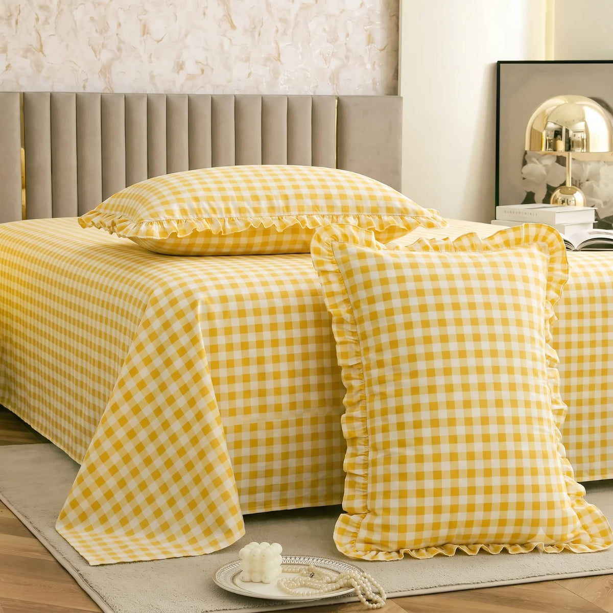 Dream Weaverz Home Polycotton (Flat) 260TC DoubleSIZE BEDSHEET(Yellow Check)