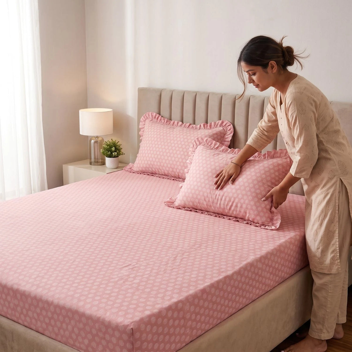 Dream Weaverz Home Polycotton (Fitted) 260TC DoubleSIZE BEDSHEET(Pink)