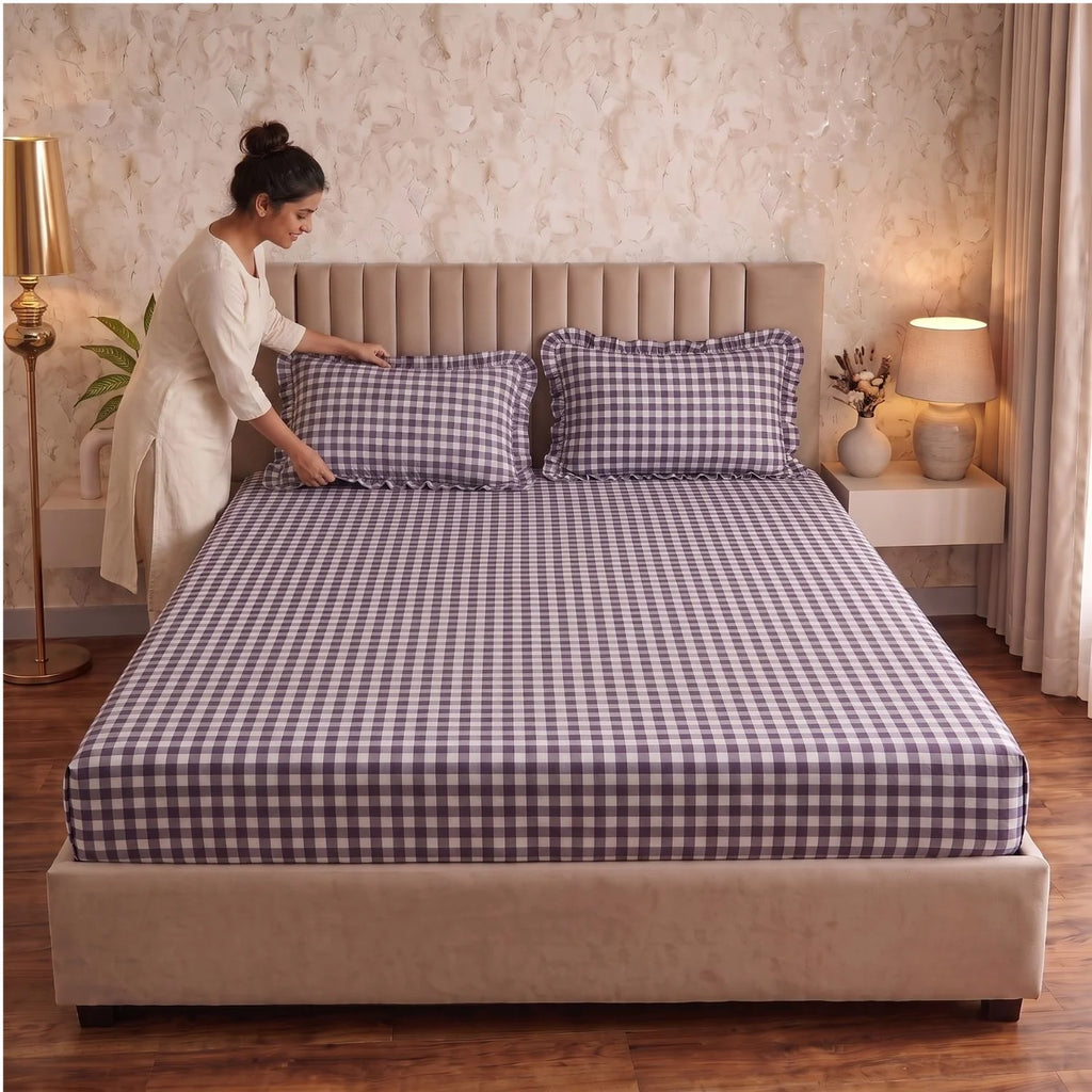 Dream Weaverz Home Polycotton (Fitted) 260TC DoubleSIZE BEDSHEET(Purple check)