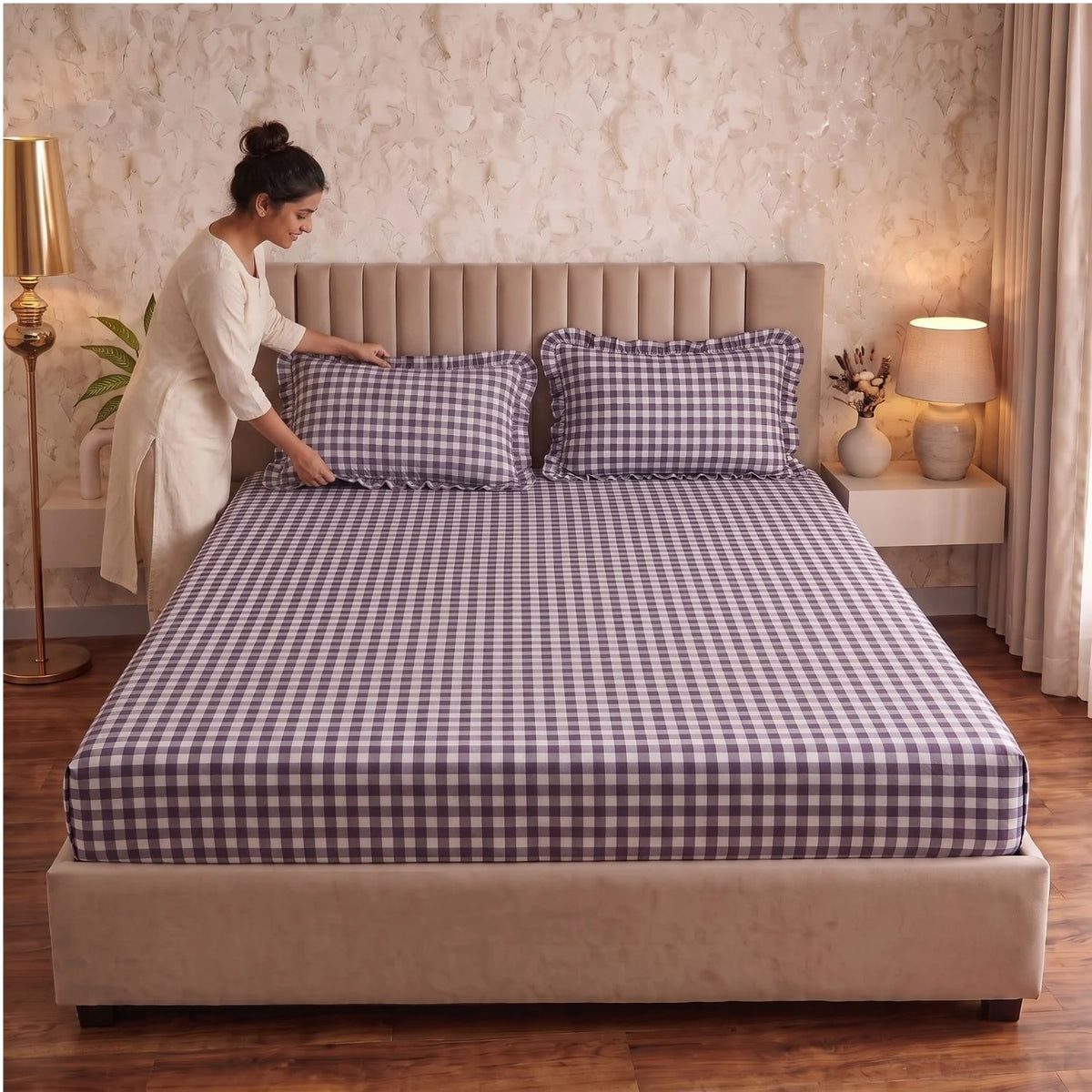 Dream Weaverz Home Polycotton (Fitted) 260TC DoubleSIZE BEDSHEET(Purple check)