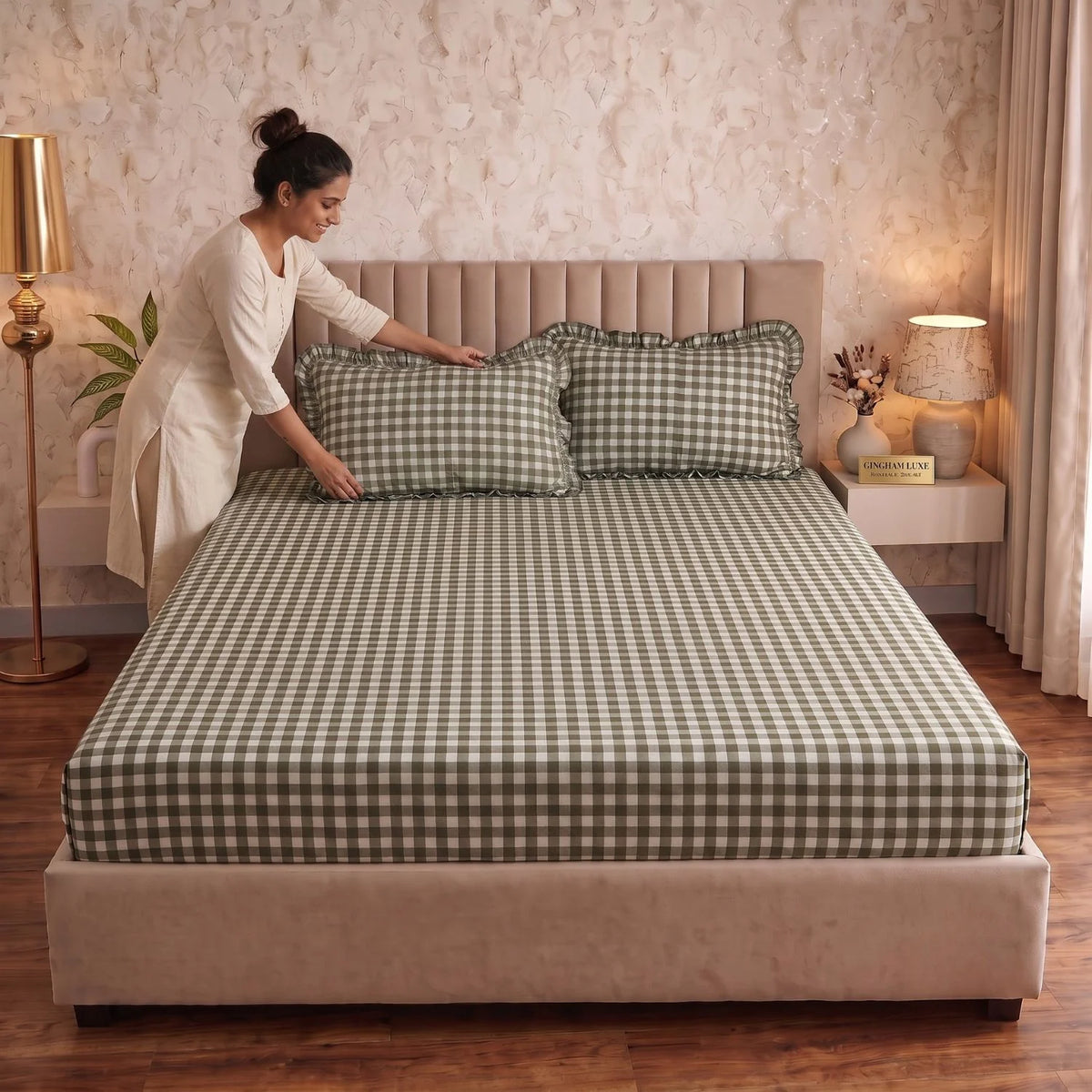 Dream Weaverz Home Polycotton (Fitted) 260TC DoubleSIZE BEDSHEET(Green-Check)