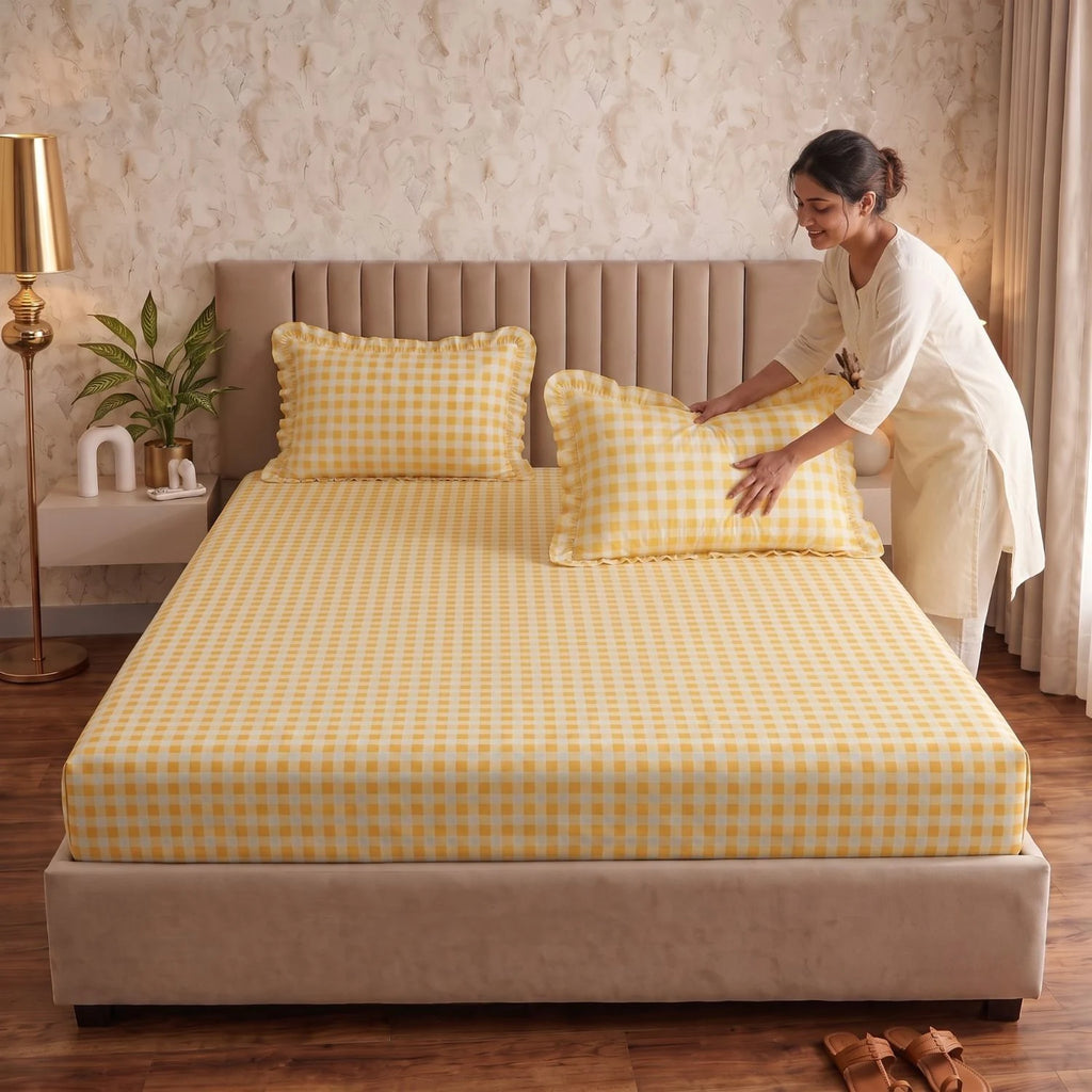 Dream Weaverz Home Polycotton (Fitted) 260TC DoubleSIZE BEDSHEET(Yellow Check)