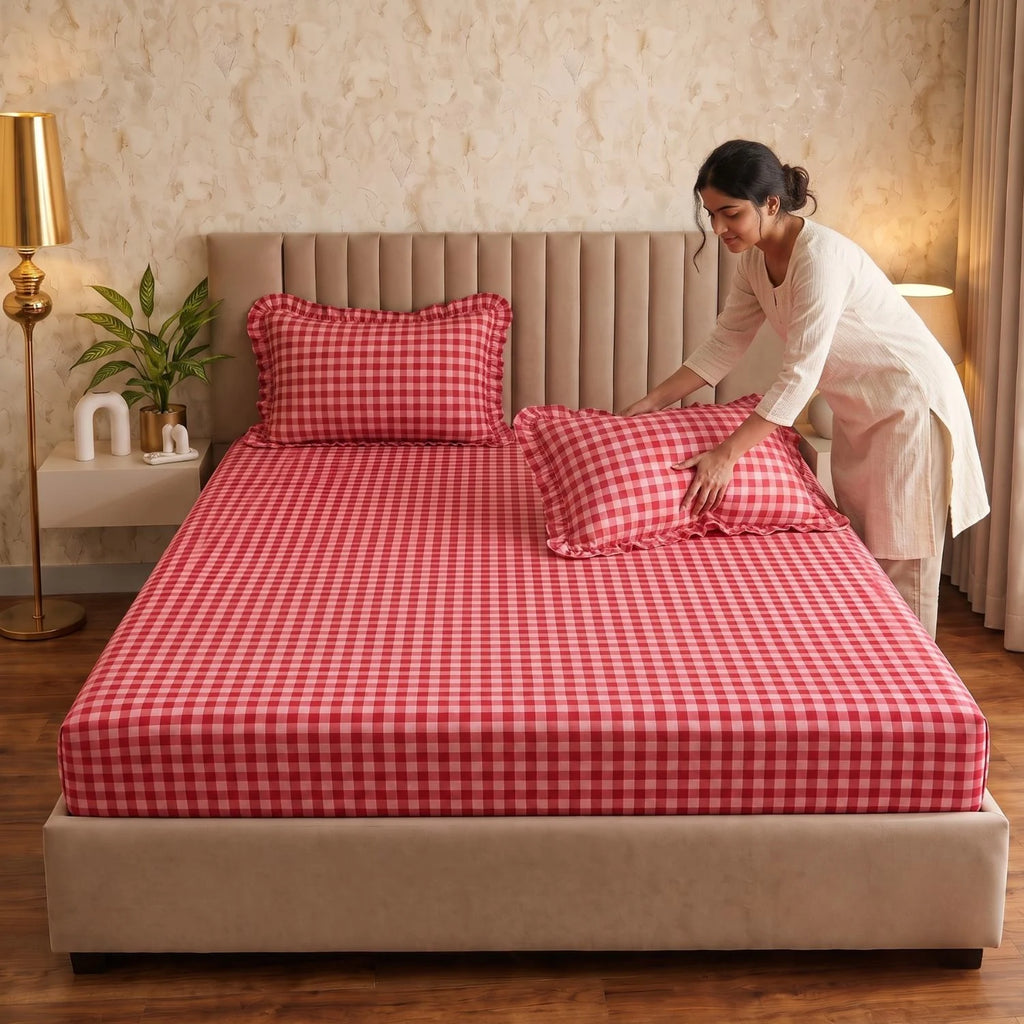 Dream Weaverz Home Polycotton (Fitted) 260TC DoubleSIZE BEDSHEET(Red Check)