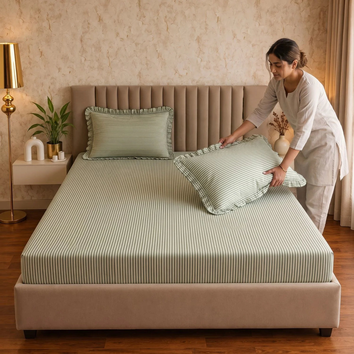 Dream Weaverz Home Polycotton (Fitted) 260TC DoubleSIZE BEDSHEET(Green Stripes)