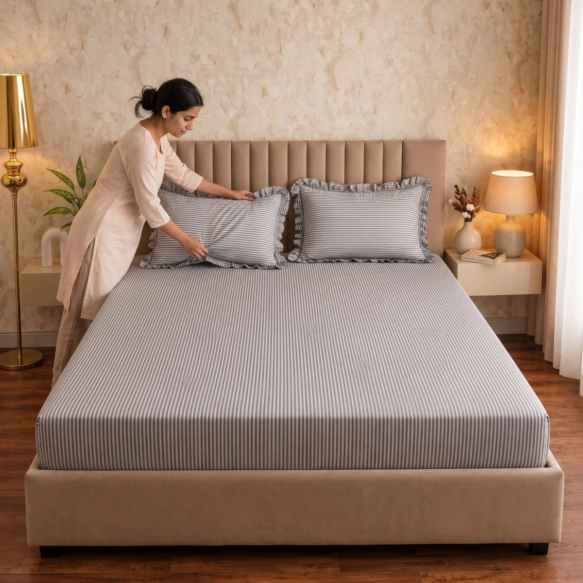Dream Weaverz Home Polycotton (Fitted) 260TC DoubleSIZE BEDSHEET(Dark Grey Stripes)