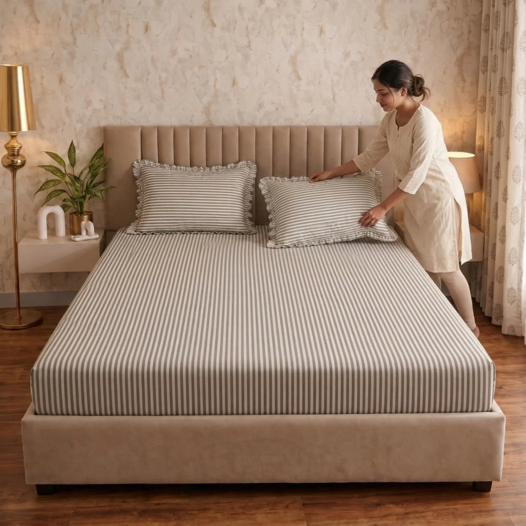 Dream Weaverz Home Polycotton (Fitted) 260TC DoubleSIZE BEDSHEET(Grey Stripes)
