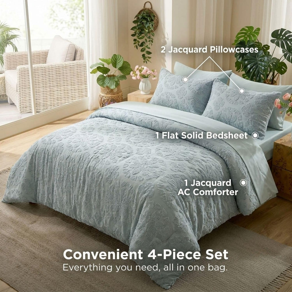 Dream Weaverz Jacquard Bedsheets King Size, 4-Piece Cotton Set Double King Bed | AC Comforter, Flat Sheet & 2 Matching Pillow Covers | Soft, Breathable & Skin-Friendly Self Design