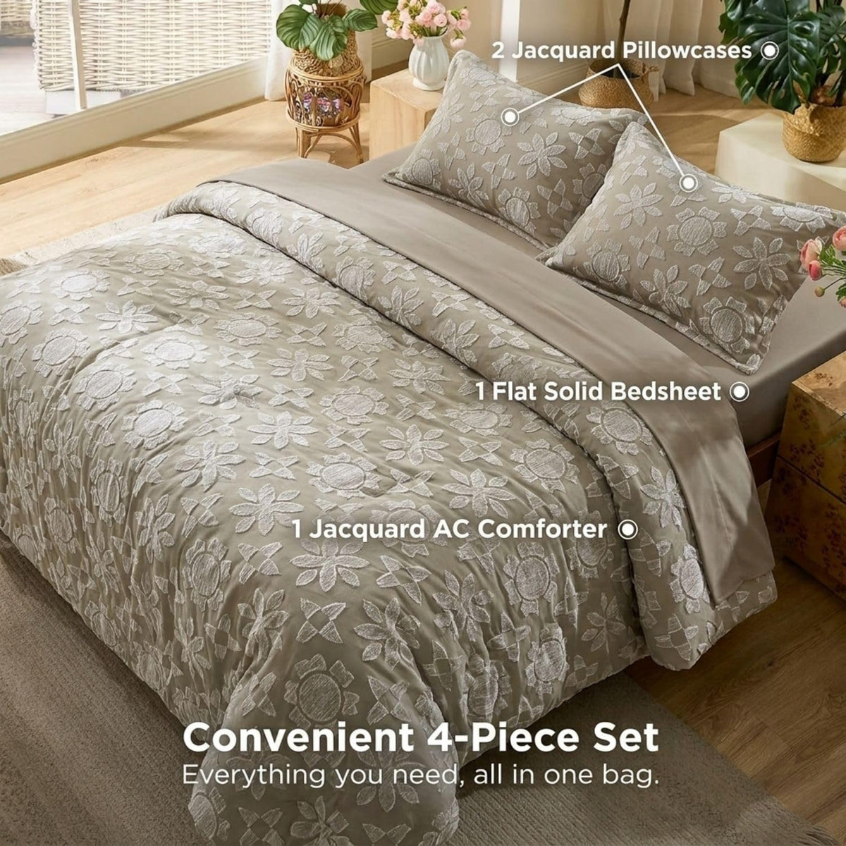 Dream Weaverz Jacquard Bedsheets King Size, 4-Piece Cotton Set Double King Bed | AC Comforter, Flat Sheet & 2 Matching Pillow Covers | Soft, Breathable & Skin-Friendly Self Design