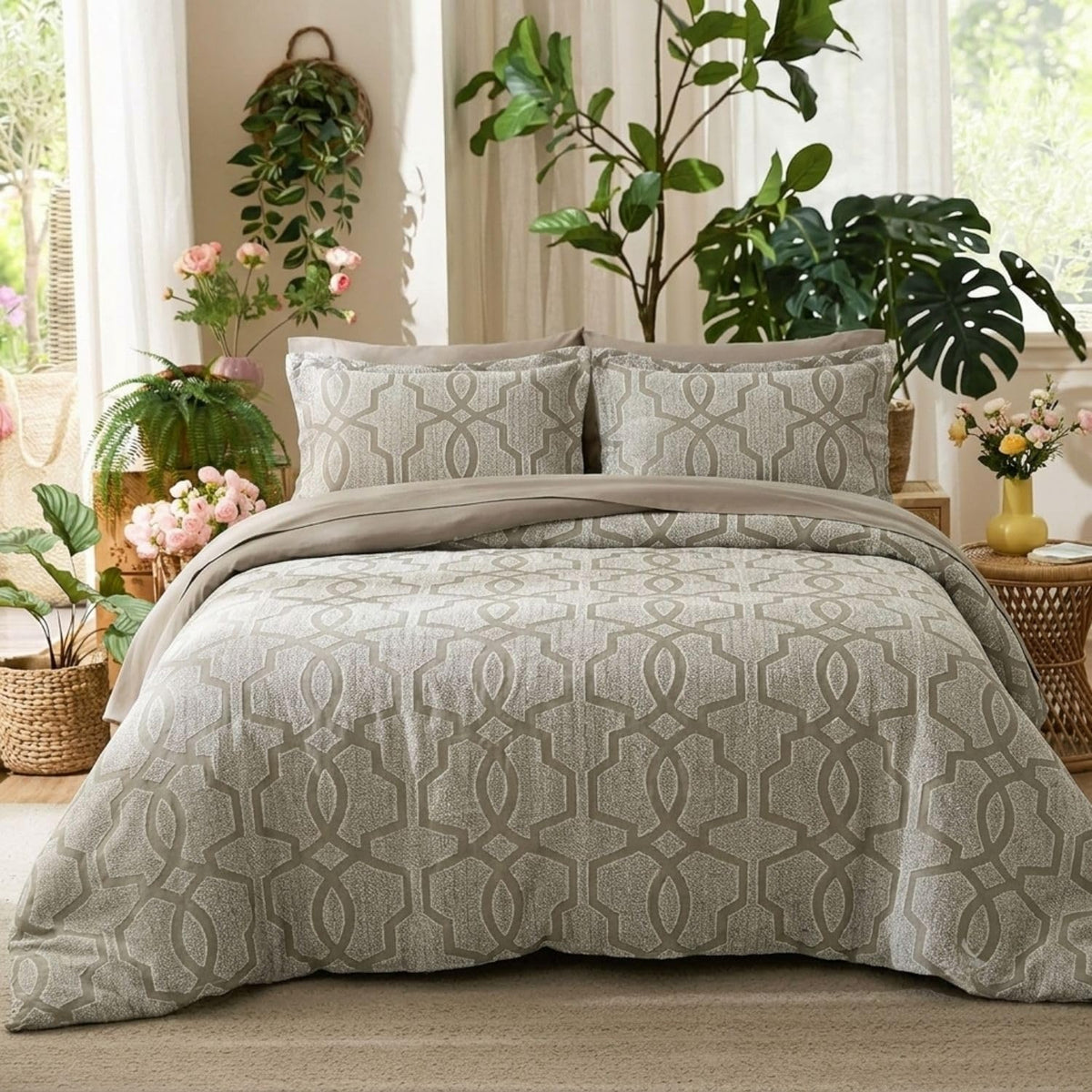 Dream Weaverz Jacquard Bedsheets King Size, 4-Piece Cotton Set Double King Bed | AC Comforter, Flat Sheet & 2 Matching Pillow Covers | Soft, Breathable & Skin-Friendly Self Design, Silver