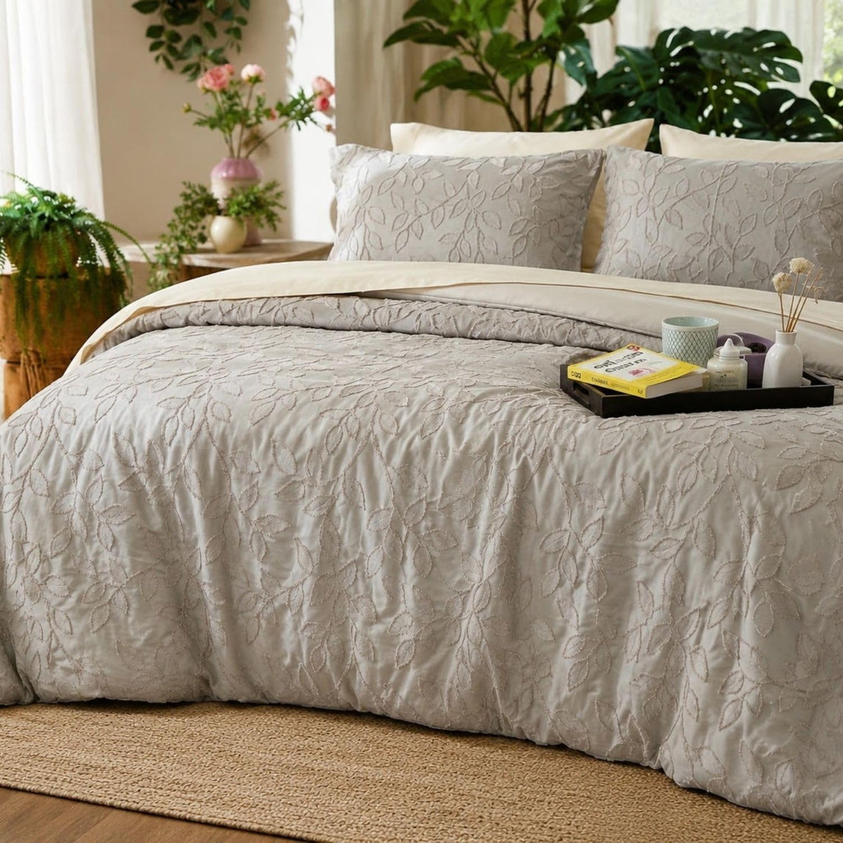 Dream Weaverz Jacquard Bedsheets King Size, 4-Piece Cotton Set Double King Bed | AC Comforter, Flat Sheet & 2 Matching Pillow Covers | Soft, Breathable & Skin-Friendly Self Design, Nude