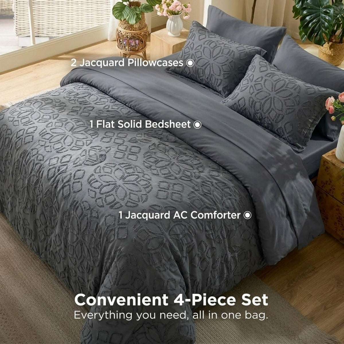 Dream Weaverz Jacquard Bedsheets King Size, 4-Piece Cotton Set Double King Bed | AC Comforter, Flat Sheet & 2 Matching Pillow Covers | Soft, Breathable & Skin-Friendly Self Design