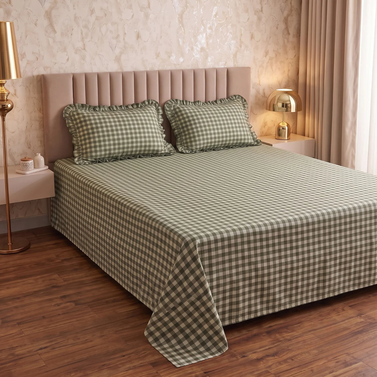 Dream Weaverz Home Polycotton (Flat) 260TC DoubleSIZE BEDSHEET(Green Checks)