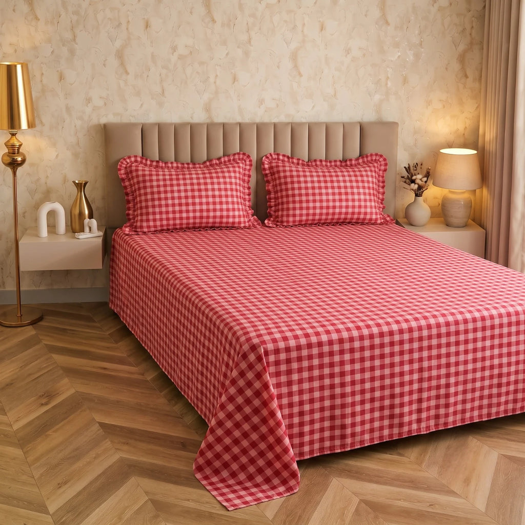Dream Weaverz Home Polycotton (Flat) 260TC DoubleSIZE BEDSHEET(Red Check)