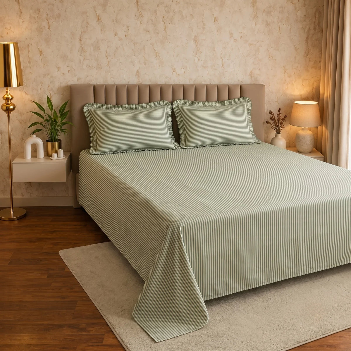 Dream Weaverz Home Polycotton (Flat) 260TC DoubleSIZE BEDSHEET(Green Stripes)