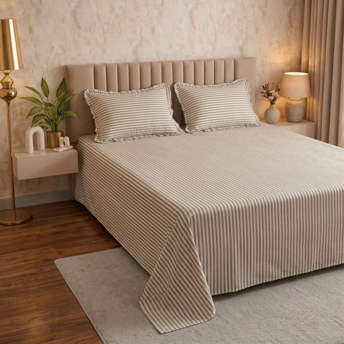 Dream Weaverz Home Polycotton (Flat) 260TC DoubleSIZE BEDSHEET(Grey Stripes)