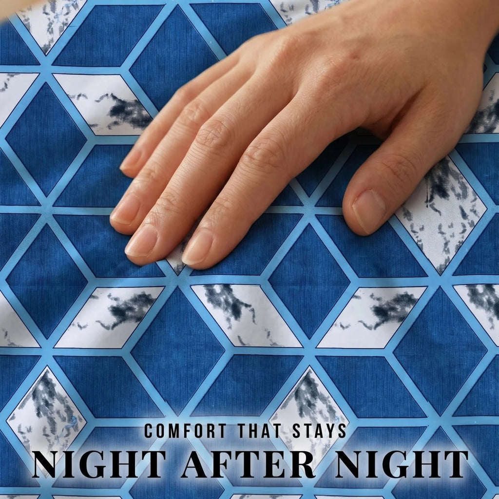 Dream Weaverz Home Polycotton King Fitted (Elastic) 260 TC Abstract 1 Bedsheet with 2 Pillow Covers (Blue-White)