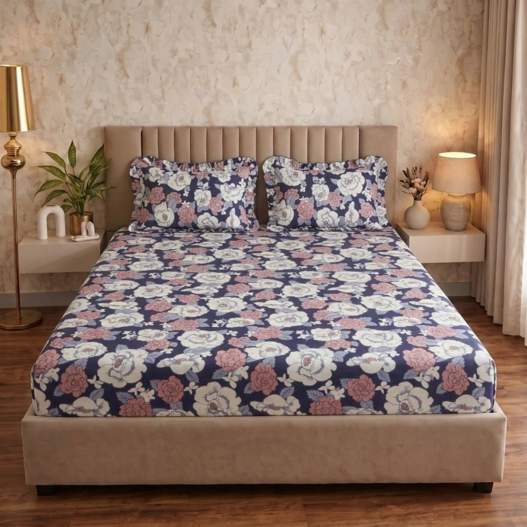 Dream Weaverz Home Polycotton (Fitted) 260TC DoubleSIZE BEDSHEET(Purple-Pink-White)