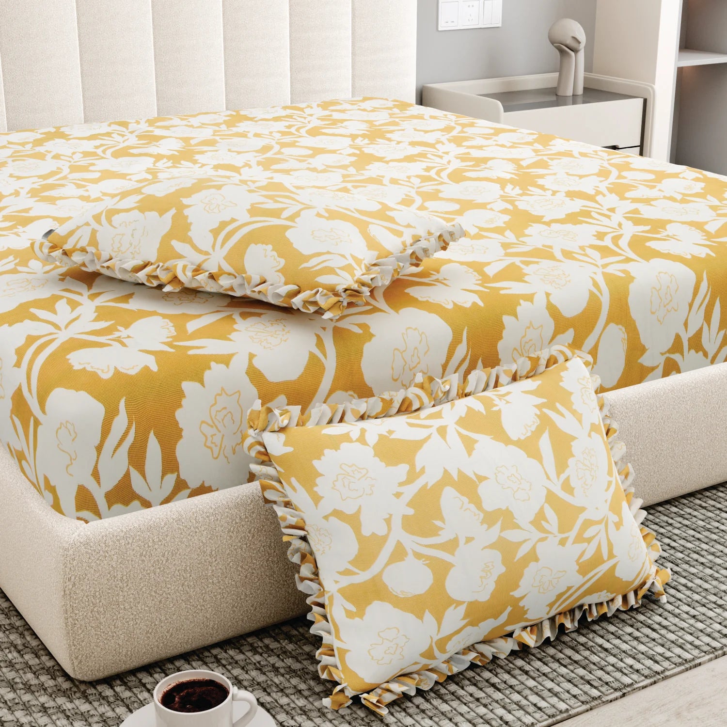 Dream Weaverz Polycotton King Fitted (Elastic) 260 TC Floral 1 Bedsheet (Yellow)