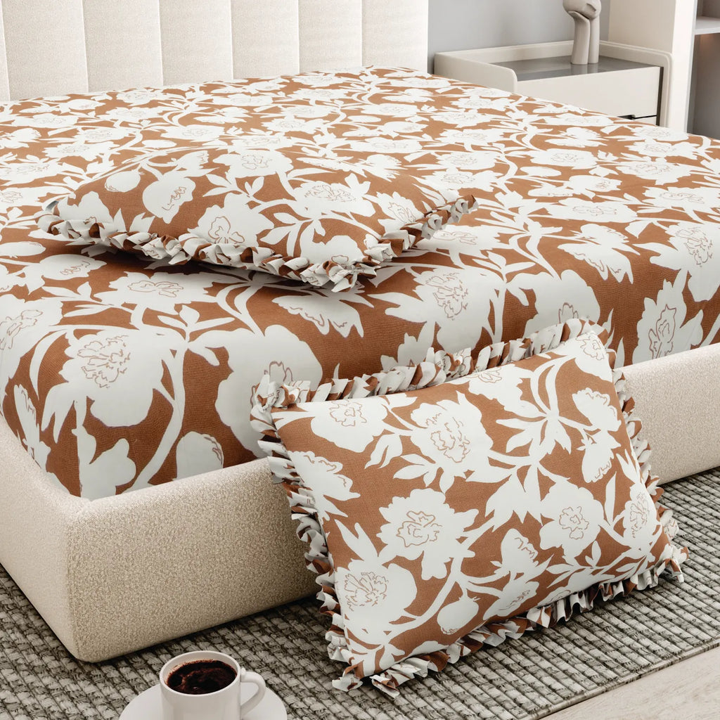Dream Weaverz Polycotton King Fitted (Elastic) 260 TC Floral 1 Bedsheet (Brown-White)