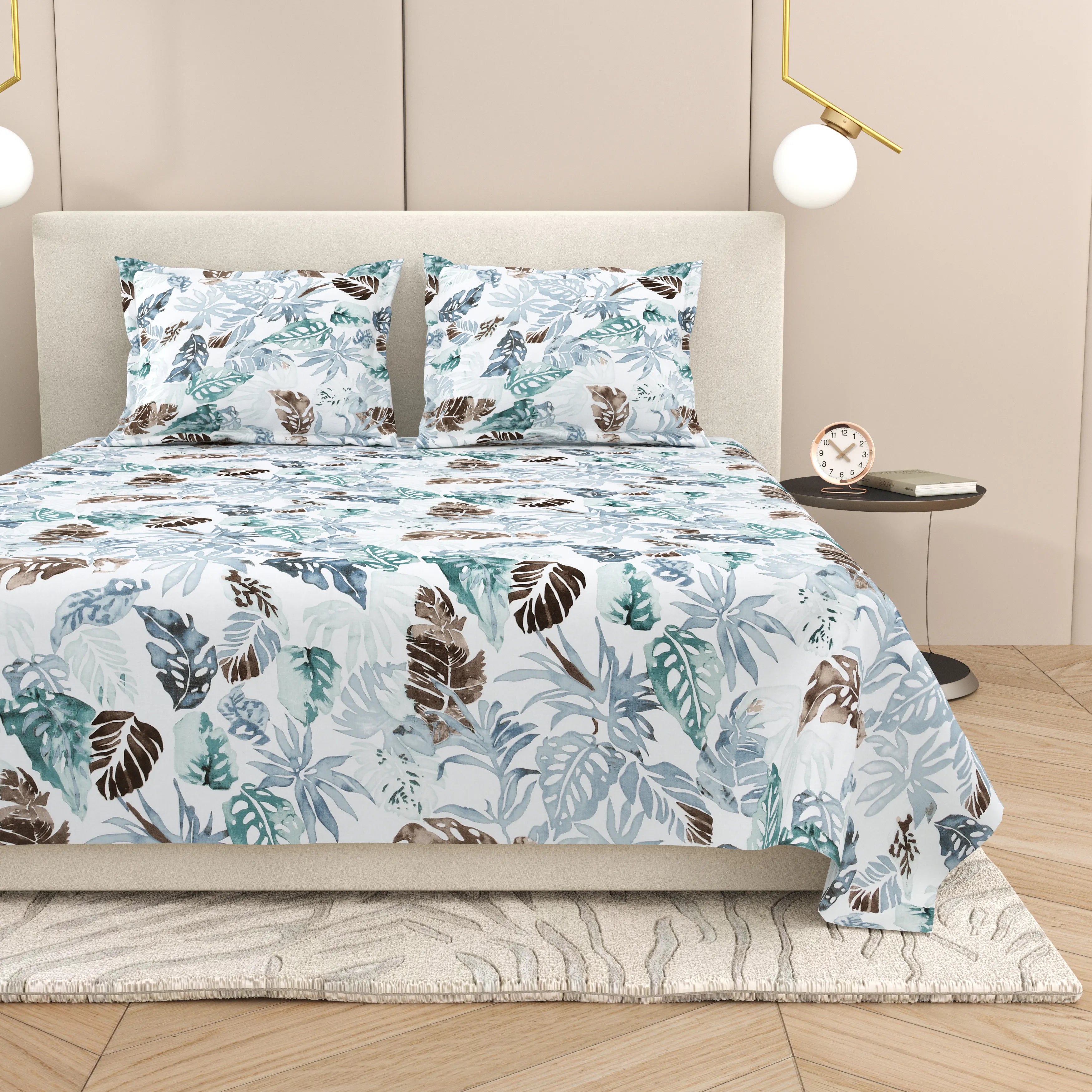 Dream Weaverz Cotton Super King Flat 220 TC Abstract 1 Bedsheet with 2 Pillow Covers (White-blue)
