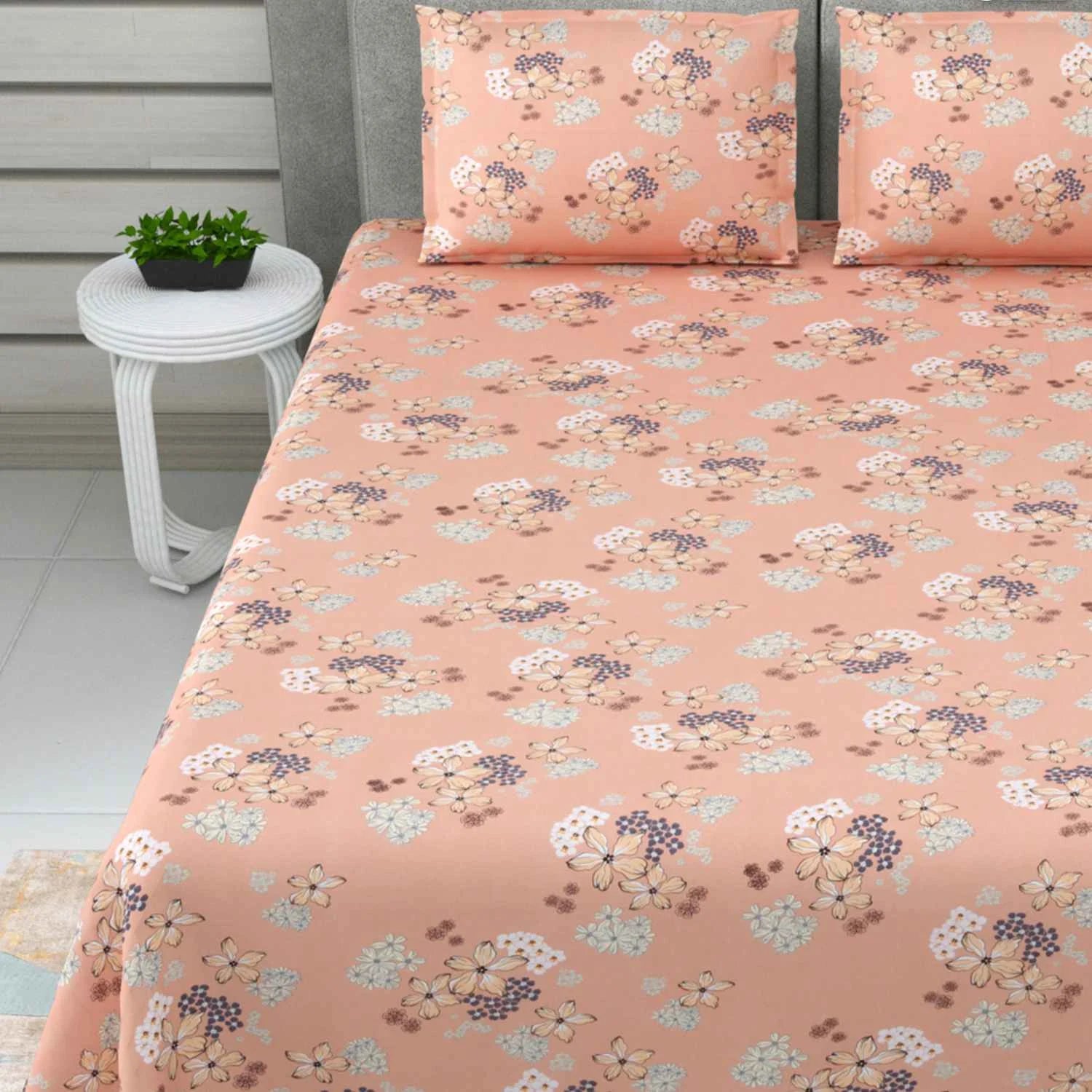 Dream Weaverz Cotton Super King Flat 220 TC Floral 1 Bedsheet with 2 Pillow Covers (Orange)