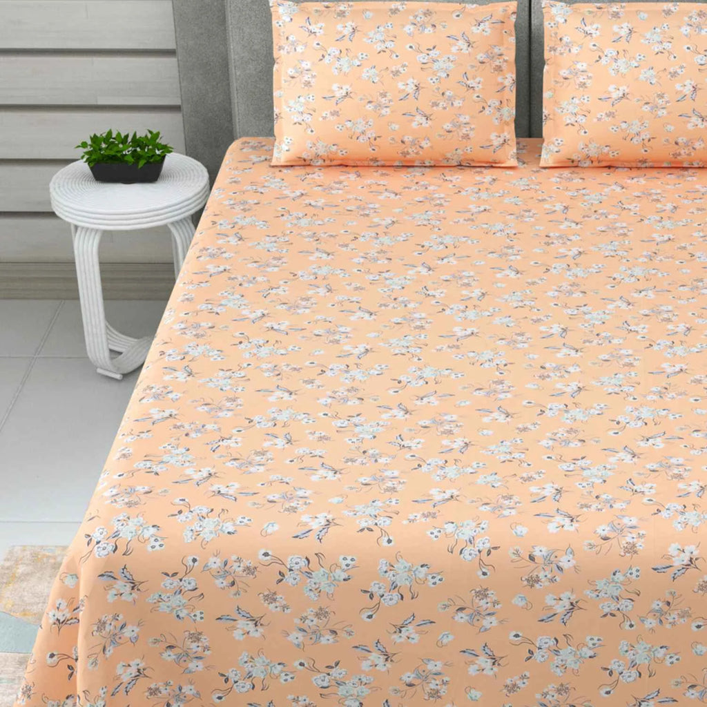 Dream Weaverz Cotton Super King Flat 220 TC Floral 1 Bedsheet with 2 Pillow Covers (Peach-Grey)