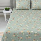 Dream Weaverz Cotton Super King Flat 220 TC Floral 1 Bedsheet with 2 Pillow Covers (Dark Green)