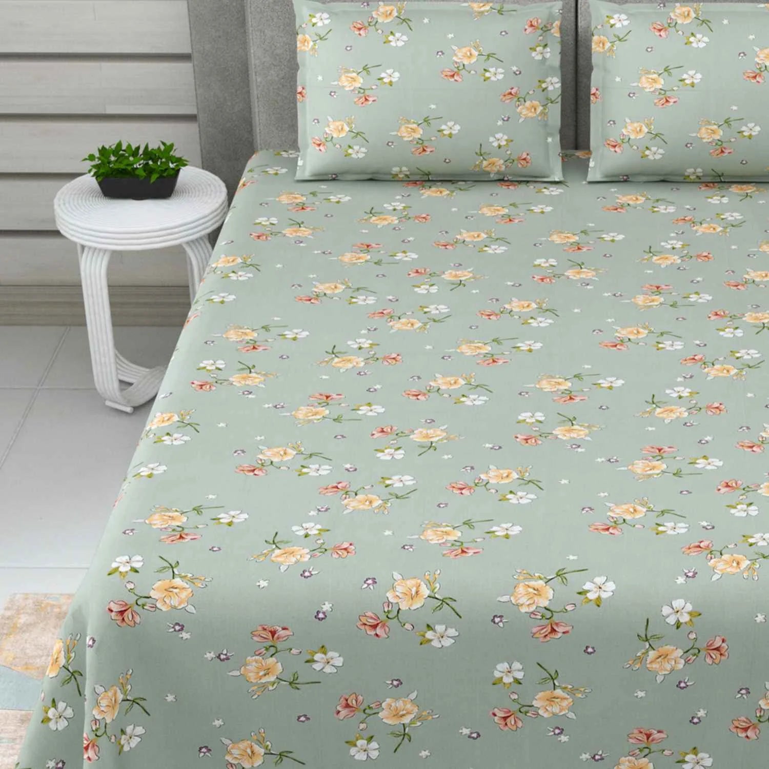 Dream Weaverz Cotton Super King Flat 220 TC Floral 1 Bedsheet with 2 Pillow Covers (Dark Green)