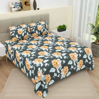 Dream Weaverz Cotton Super King Flat 220 TC Floral 1 Bedsheet with 2 Pillow Covers (Dark Green-Yellow)