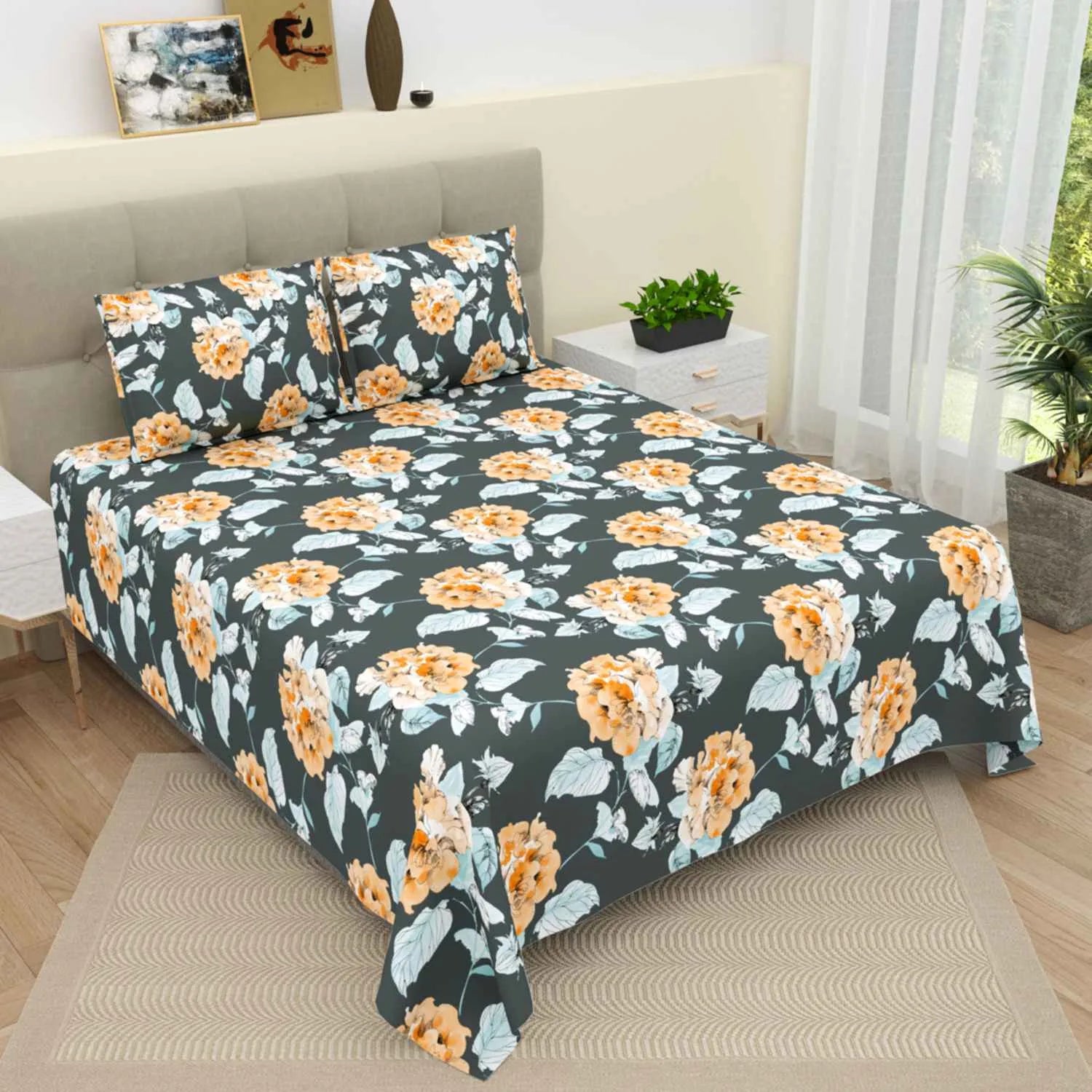 Dream Weaverz Cotton Super King Flat 220 TC Floral 1 Bedsheet with 2 Pillow Covers (Dark Green-Yellow)