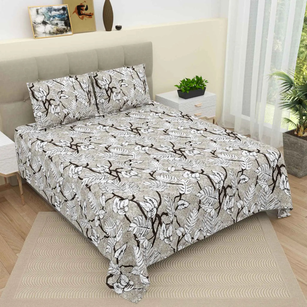 Dream Weaverz Cotton Super King Flat 220 TC Printed 1 Bedsheet with 2 Pillow Covers (Dark Grey)